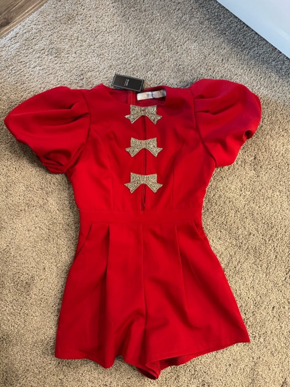 Luxe Red Puff-Sleeve Bow-Embellished Dress Romper